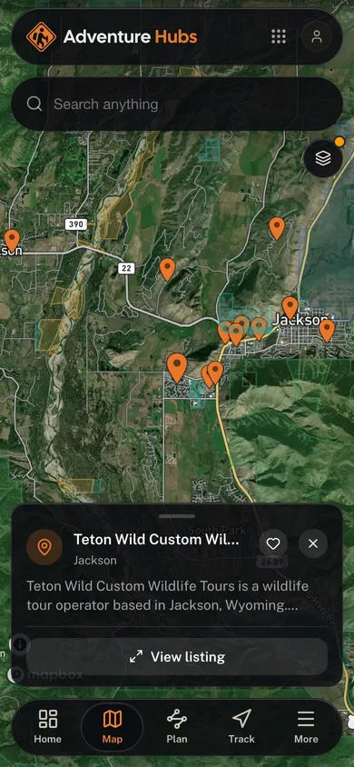 Nearby places mapped in the Adventure Hubs app